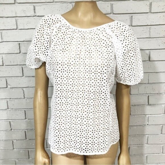 J. Crew Tops - J.Crew Eyelet Puff Sleeve Top | V-Back | White Cotton Blouse | Size 12